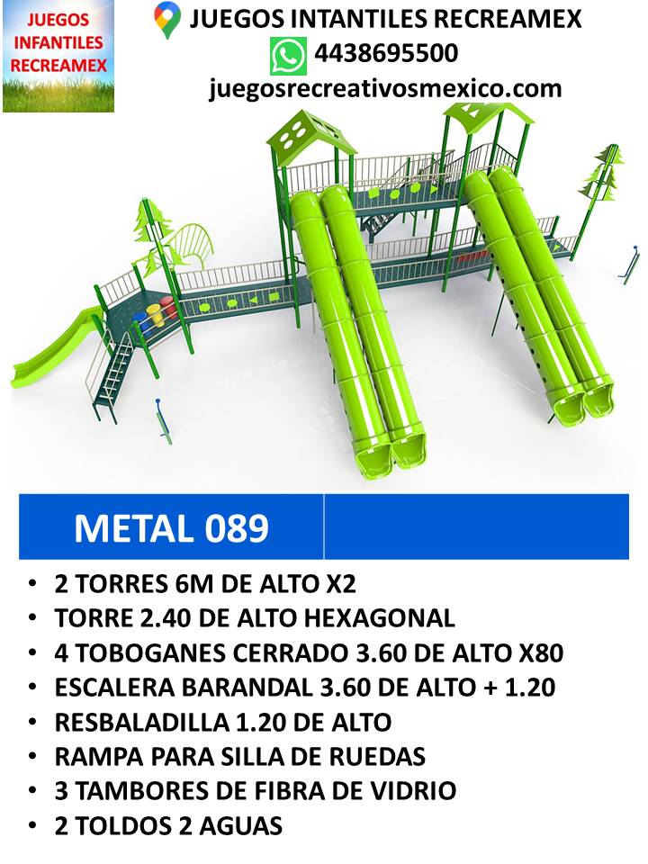 modulo de metal con resbaadilla, 2 toboganes,2 torres de metal, escalera con barandal, rampa de para sillas de ruedas, 3 tambores de fibra de vidrio
